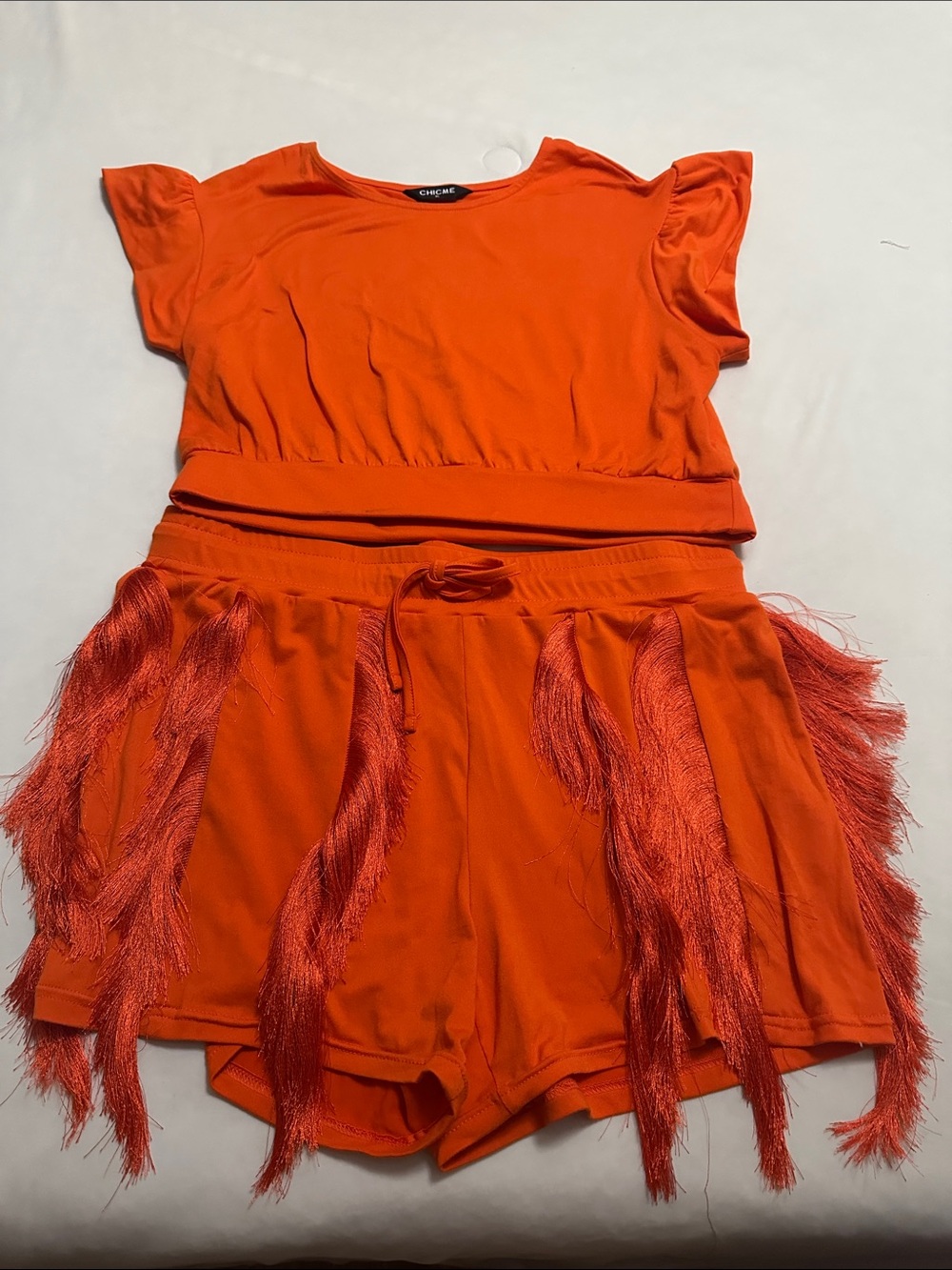 Women’s Orange Two-Piece Short Set with Fringes